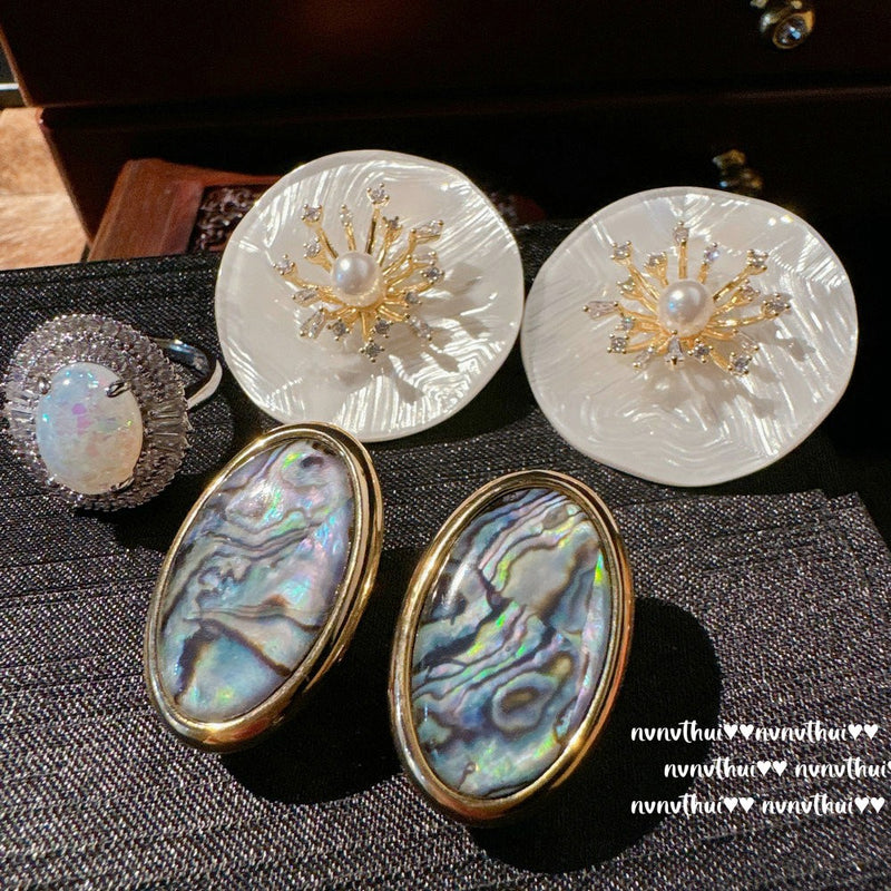 Cube Sucre Gem Véritable Chanvre Gris Perle Boucles d’Oreilles Abalone Fritillary